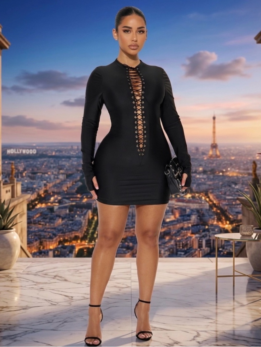 Bex Lace Up Front Mini Dress - Black